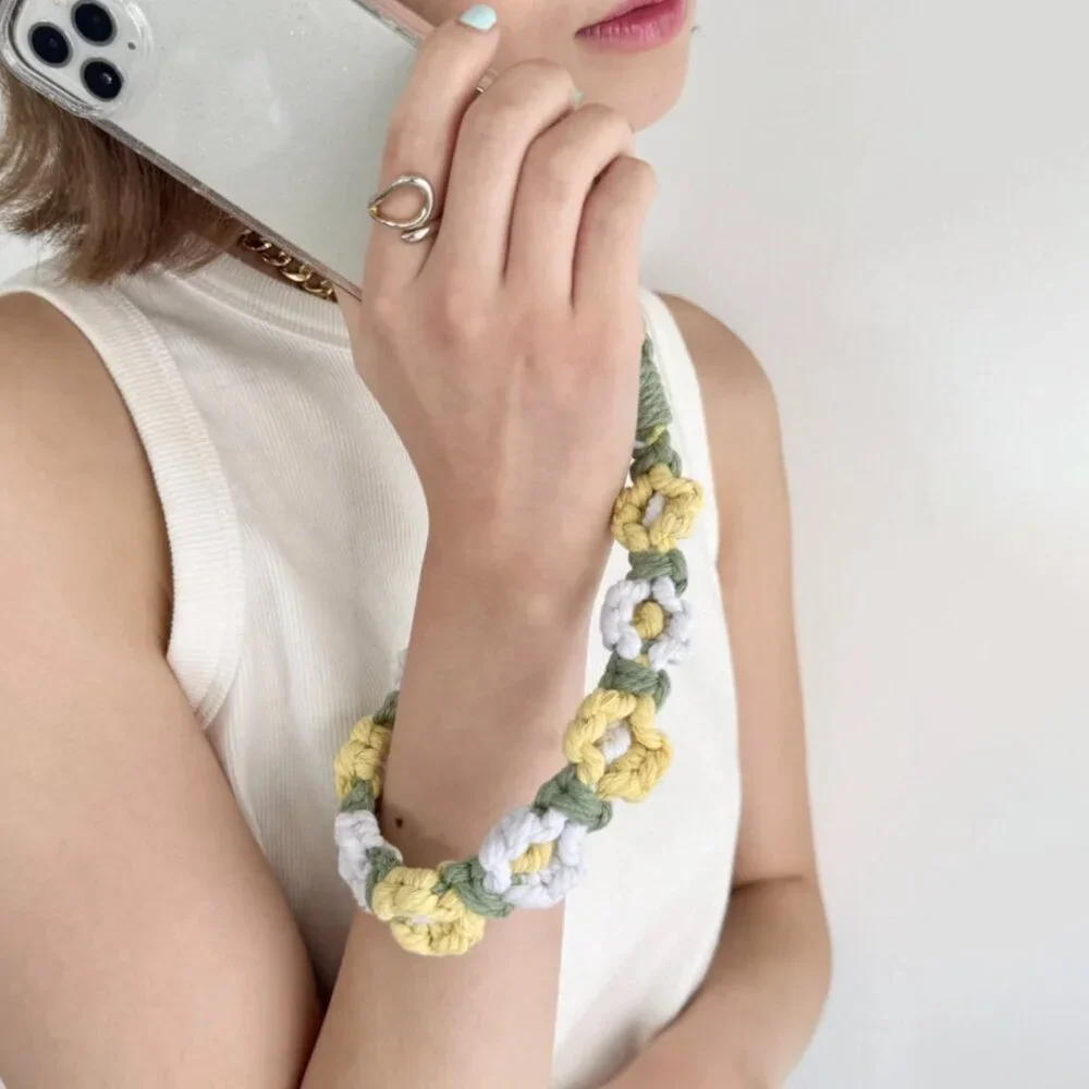 Daisy Macrame Wristlet Keychain and Cell Phone Accessory